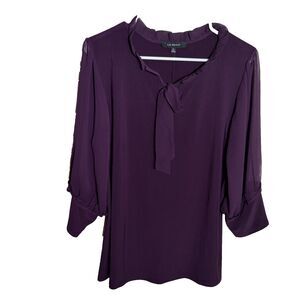 Liz McCoy Blouse Women's XL Purple Tie Ruffle Career 3/4 Sleeve Sheer Shirt Top